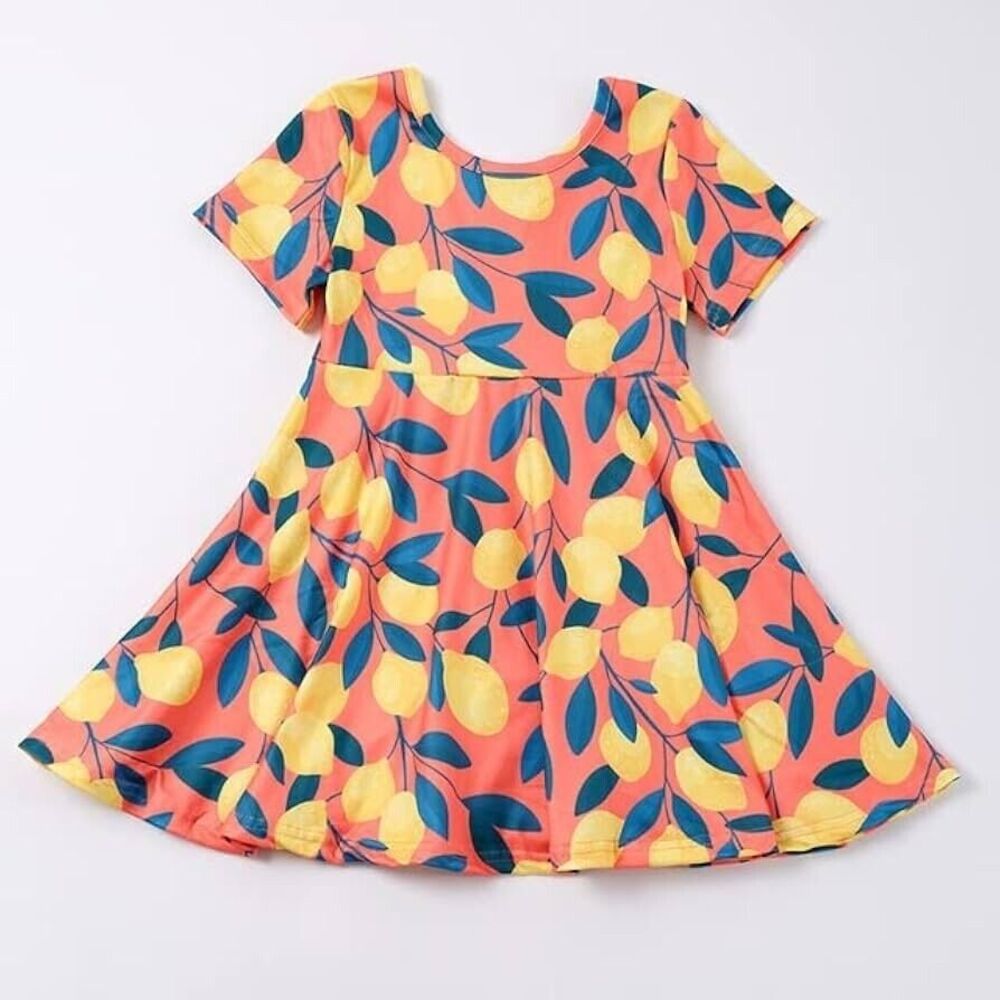 Los Angeles Boutique Lemon Print Short Sleeve Twirl Swing Casual Dress Stretch 7